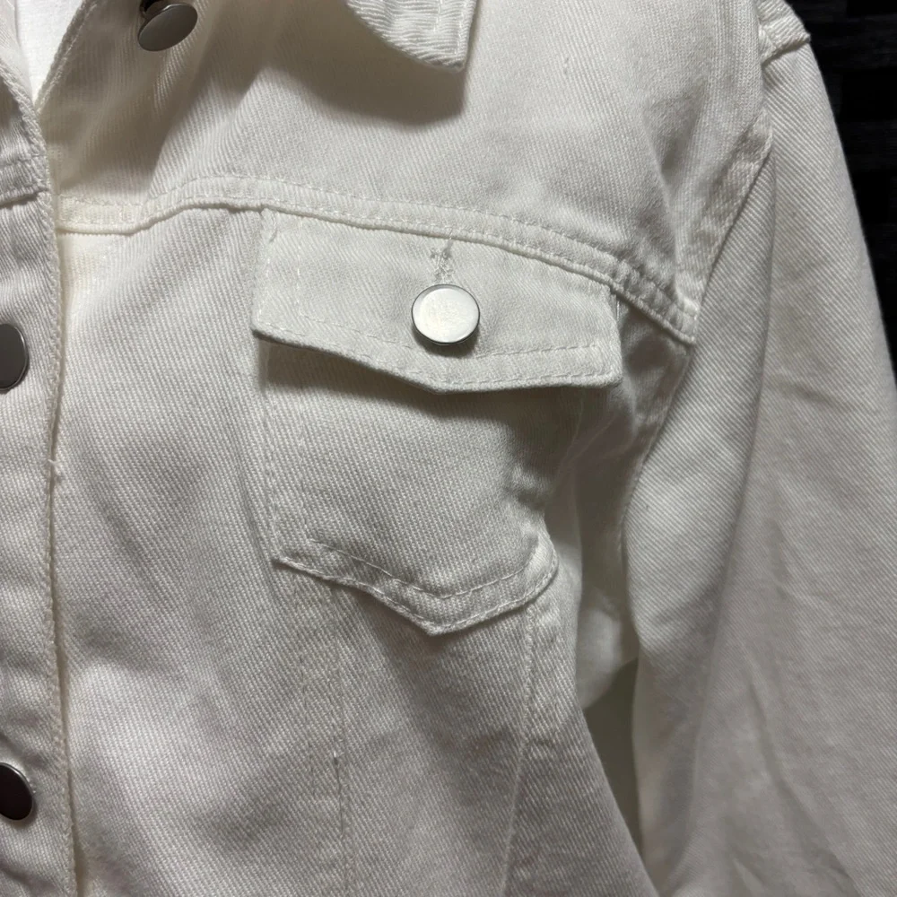 White Denim Jacket Womens L 3/4 Sleeve Y2K Preppy Trucker‎ - Picture 3 of 9